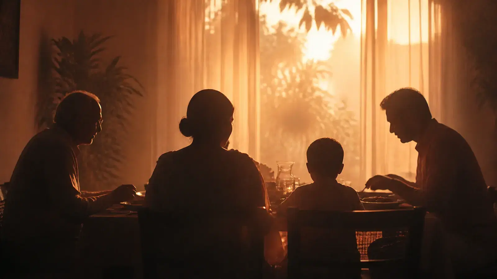 A grandfather, two parents and a child at the dinner table in warm evening light