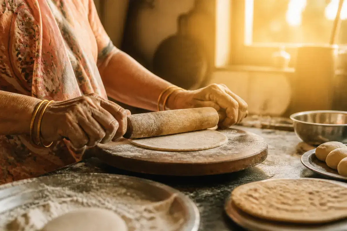 Hands rolling roti on a floured board in a sunlit kitchen