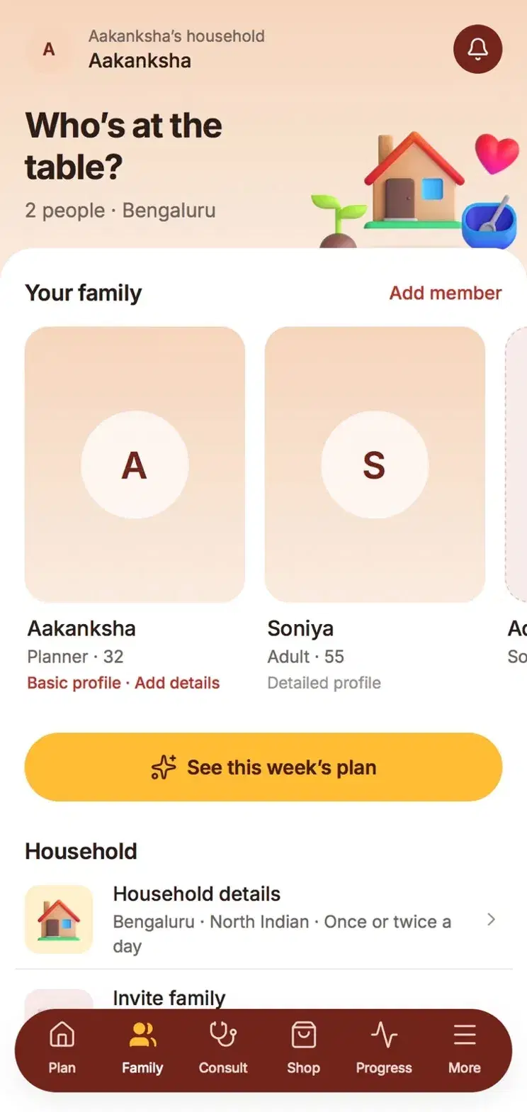 Family screen: who's at the table, with each member's profile and the household details.