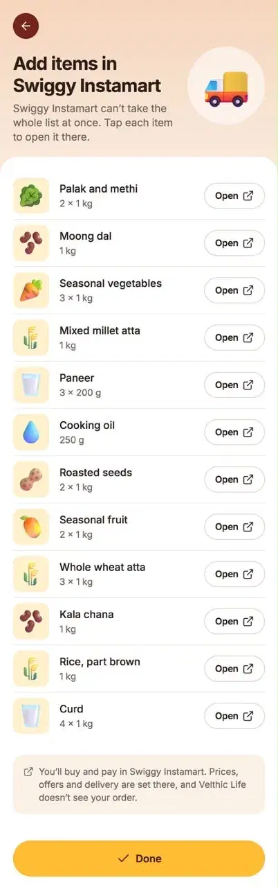 Screen listing each ingredient with an Open button that takes you to Swiggy Instamart.