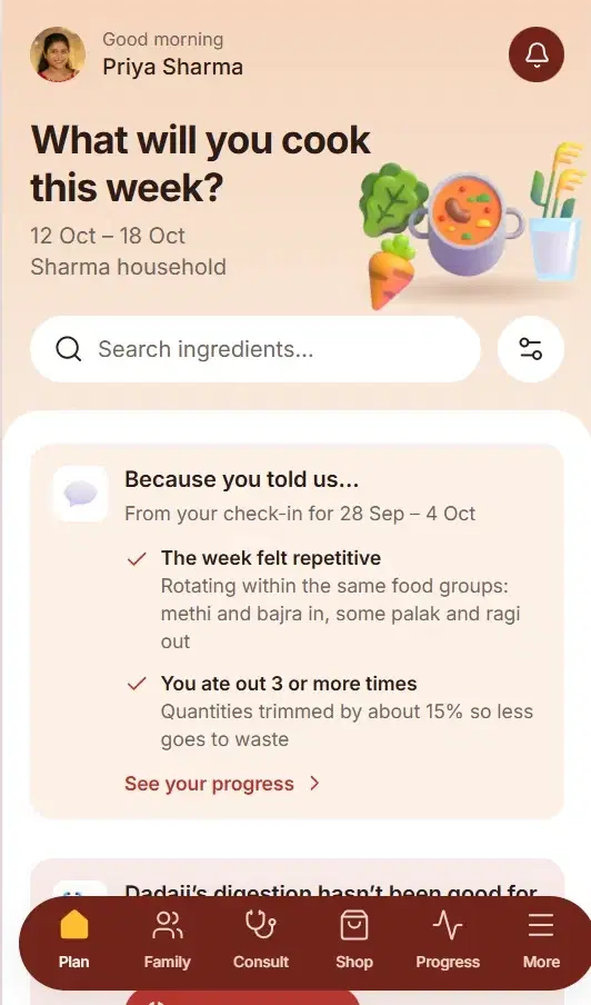 Velthic.life plan screen for the Sharma household: what will you cook this week, 12 to 18 October.