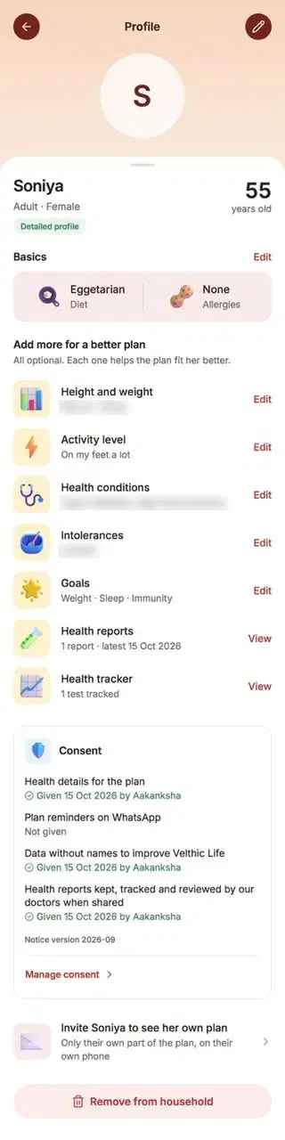 Profile screen: diet, allergies, activity level, goals and consent settings for one family member.